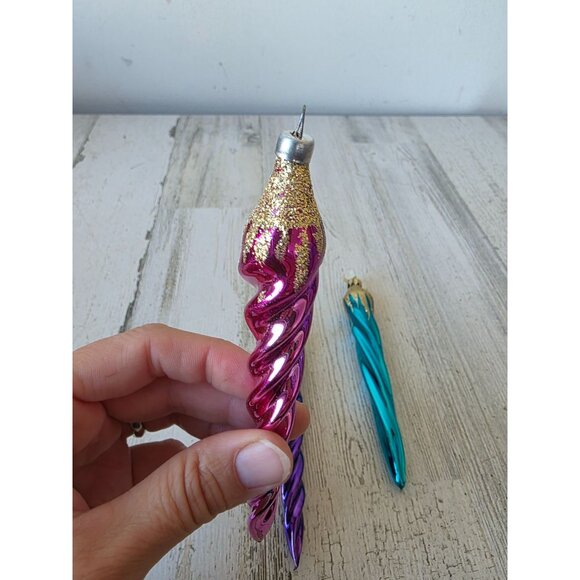 Vintage Germany Mercury icicle glitter gold ornament glass blue purple pink set - Picture 3 of 12